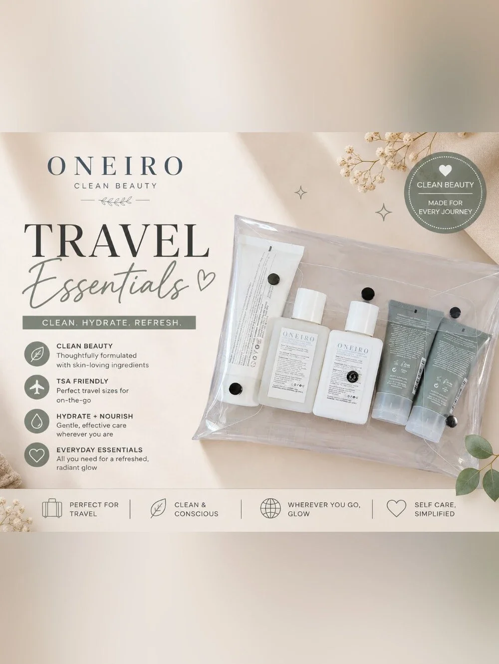 Travel Size Beauty Bundle Oneiro Sunchasers & Deep Steep in Clear Pouch NEW